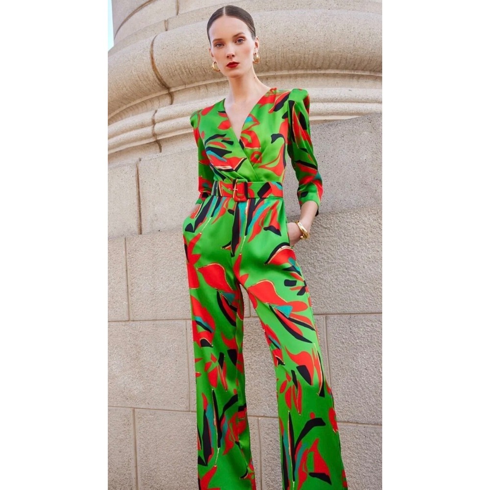 Carla Ruiz Green Abstract Floral Satin Wide Leg Belted Jumpsuit Size 36